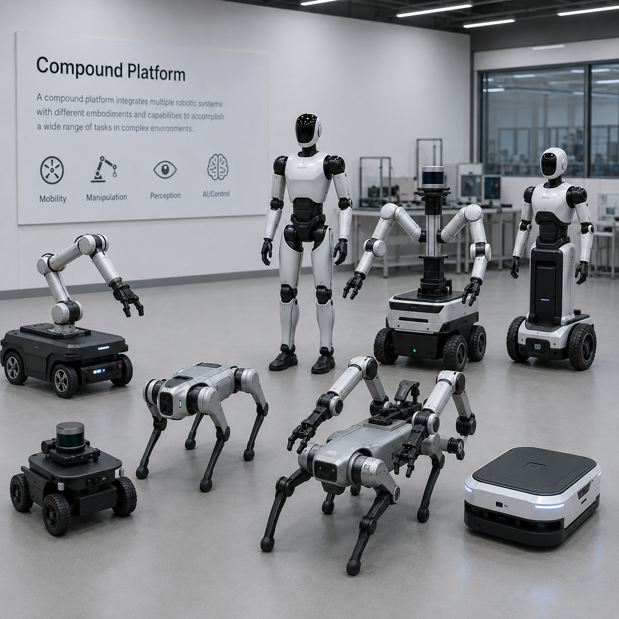 Compound platform concept showing multiple robotic embodiments in a lab environment